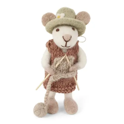 White Mouse w/Hat, Dusty Red Dress & Knitting with String, Gry & Sif