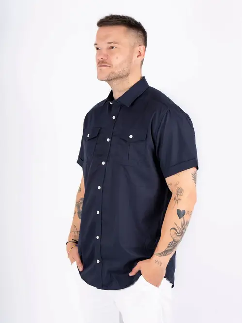 Marcus - Stretch skjorte med korte ærmer og lommer i navy - Herre - XL