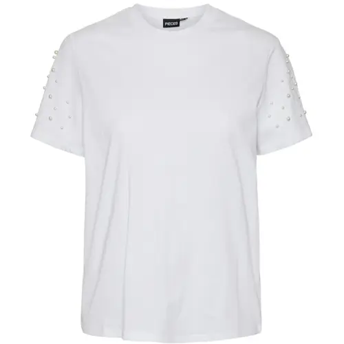 PIECES dame t-shirt PCRINE - Bright White PEARL ON SLEEVE