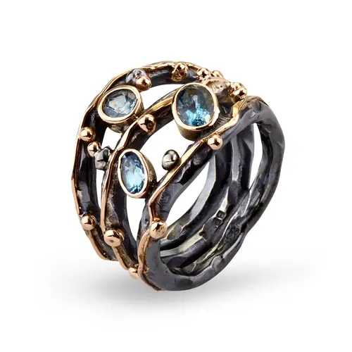 Tribeca Stones Aqua Sterling Sølv Ring fra By Birdie med 14 Karat Guld Og Blå Aquamarin