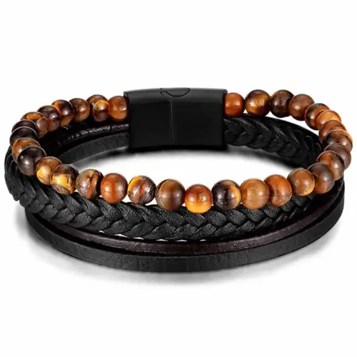 Tiger eye og fiberlæder armbånd