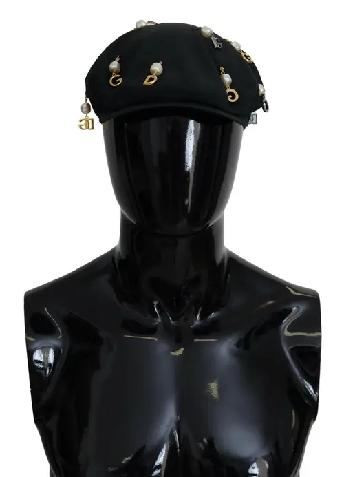 Dolce & Gabbana Sort Bomuld Embellished Newsboy Herre Hat