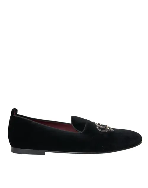 Dolce & Gabbana Black Velvet Crystal Crown Herre Loafers Sko