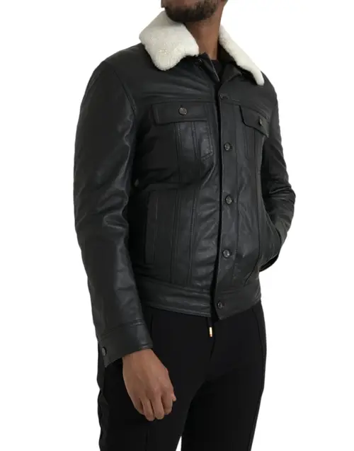 Dolce & Gabbana Black Leather Fur Collar Biker Coat Jacket