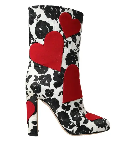 Dolce & Gabbana White Floral Hearts Leather High Boots Sko