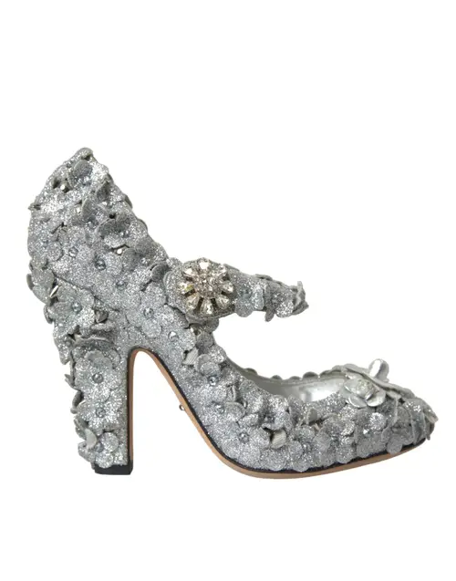 Dolce & Gabbana Silver Floral Crystal Mary Jane Pumps Sko