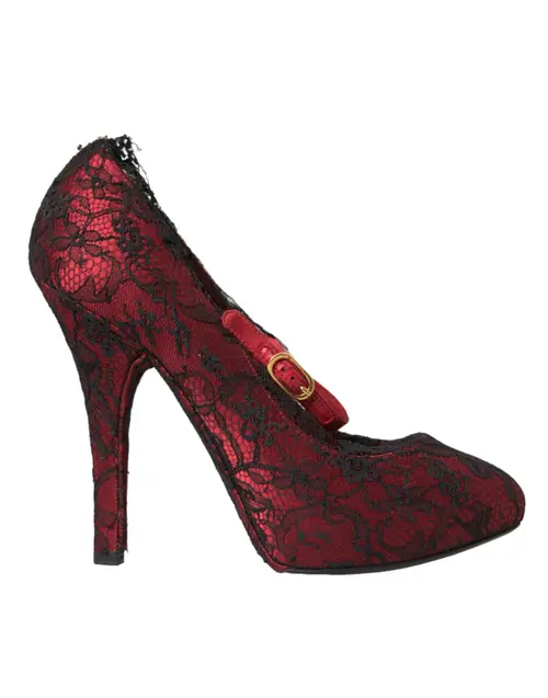 Dolce & Gabbana Red Black Floral Lace Mary Jane Pumps Sko