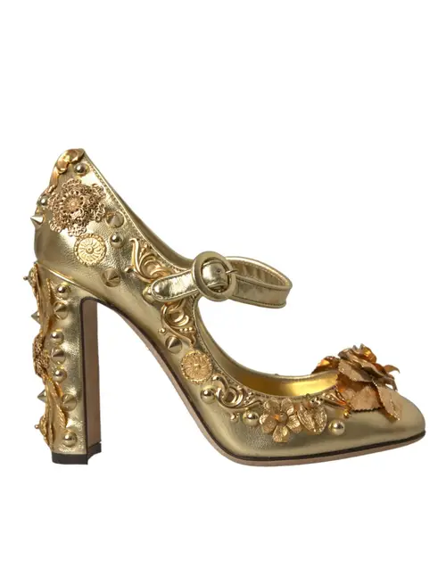 Dolce & Gabbana Gold Leather Crystal Mary Janes Pumps Sko