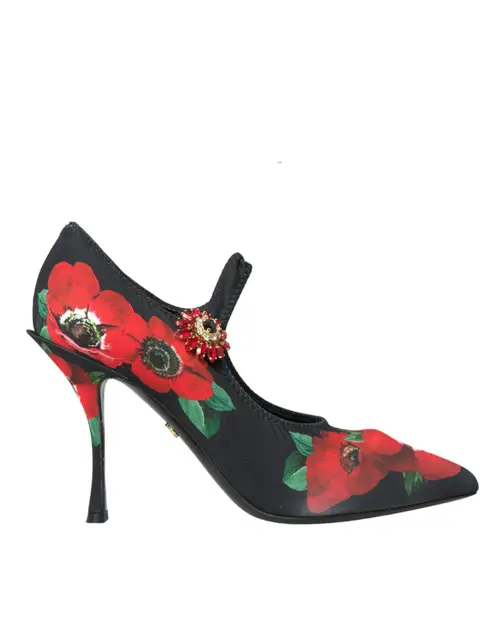 Dolce & Gabbana Black Floral Crystal Mary Jane Pumps Sko