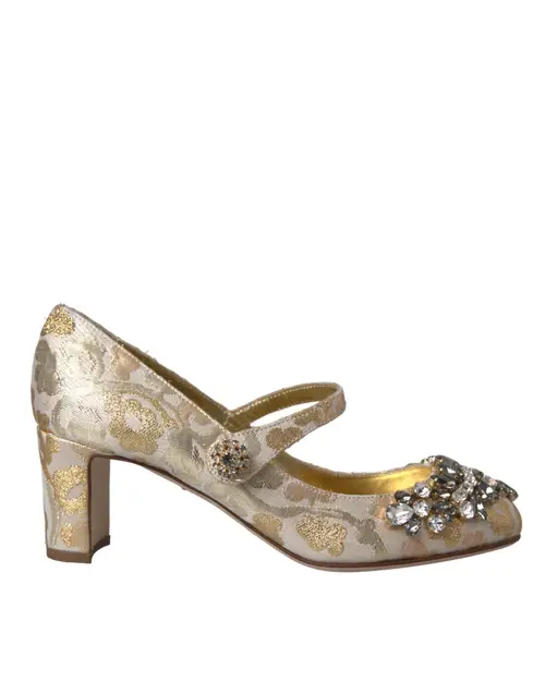 Dolce & Gabbana Gold Jacquard Crystal Mary Janes Pumps Sko