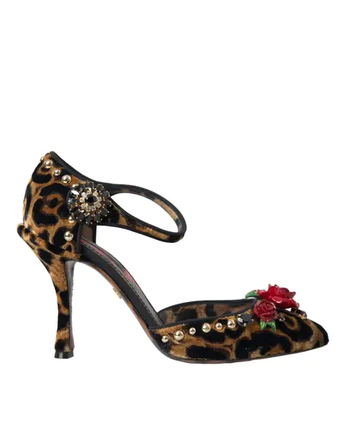 Dolce & Gabbana Brown Leopard Floral Crystal Mary Janes Pumps Sko