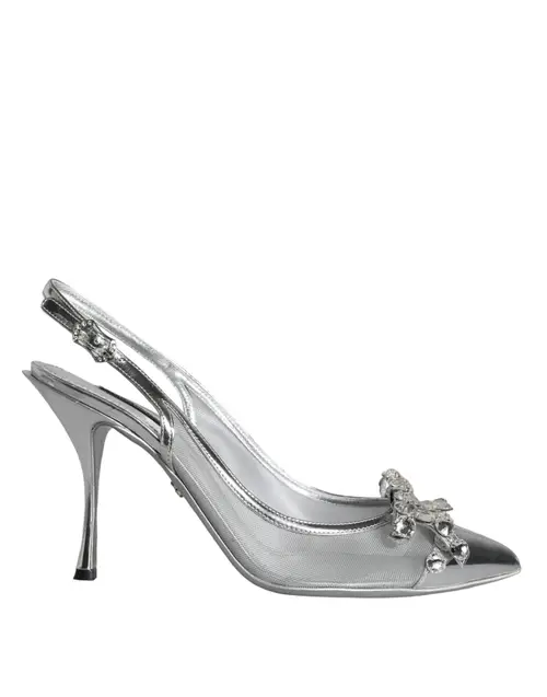 Dolce & Gabbana Silver Mesh Crystal Embellished Slingback Sko