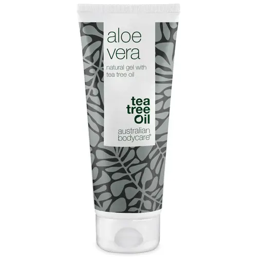 Bio Aloe Vera gel til solskoldning, svie og kløe â Kløestillende og kølende gel til pleje af solskoldet hud og smårifter - Tea Tree Oil / 100 ml