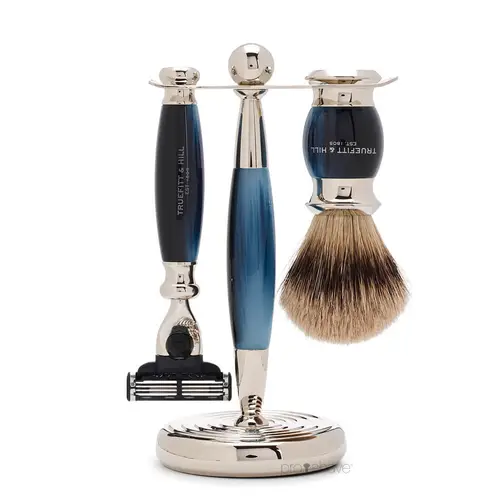 Truefitt & Hill Barbersæt med Mach3 Skraber, Grævlingebørste og holder, Edwardian, Faux Blue Opal