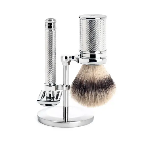 Mühle Barbersæt med DE-skraber (åben kam), Silvertip FibreÂ® Barberkost og Holder, Traditional