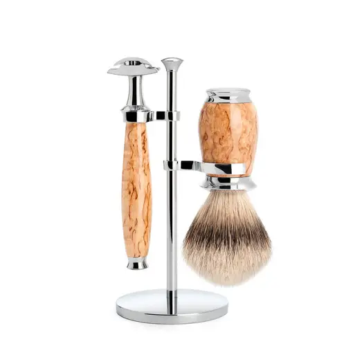 Mühle Barbersæt med DE-skraber, Silvertip Barberkost og holder, Purist, Karelian Burl Birk