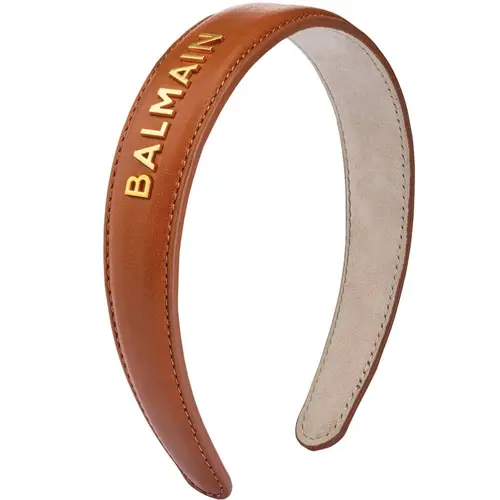 Balmain Accessories Leather Headband With Gold Logo 18k - Cognac