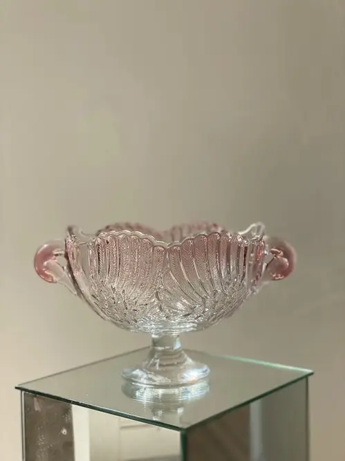 Italiensk skål på fod - Fjermønster - Vintage - Rosa/Klart glas