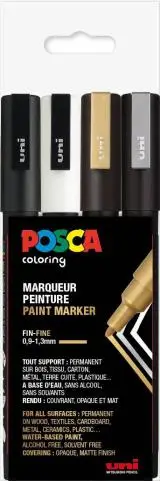 Posca Tusser Sæt Guld, Sølv, Hvid, Sort PC-3M - 4 stk.