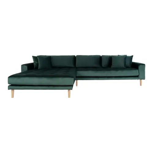 Lido Lounge Sofa - Lounge Sofa, Venstrevendt I Mørkegrøn Velour Med Fire Puder Og Natur Træben,  Hn1006