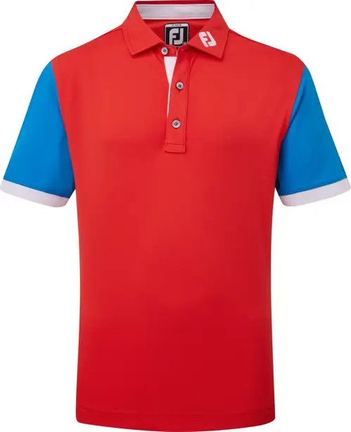 Footjoy Colour Block Pique Junior Poloshirt - Bright Red With Cobalt & White - Str. L