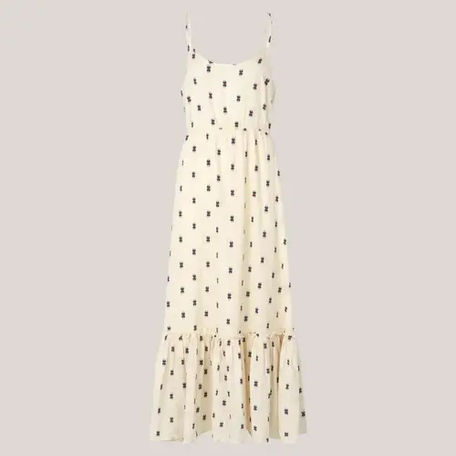 UnoLL Maxi Dress SL, lang stropkjole i creme med print