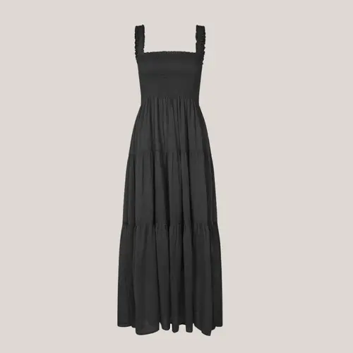 NudaLL Maxi Dress SL - Washed Black, bomulds kjole med smog ved brystet