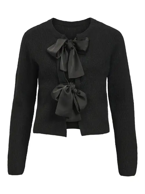 Object - Parvi Sateen Bow Knit Cardigan - Black