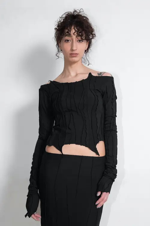 BLACK SCRAPS BANDAGE LONG-SLEEVE TOP - XS/S fits a XS-M