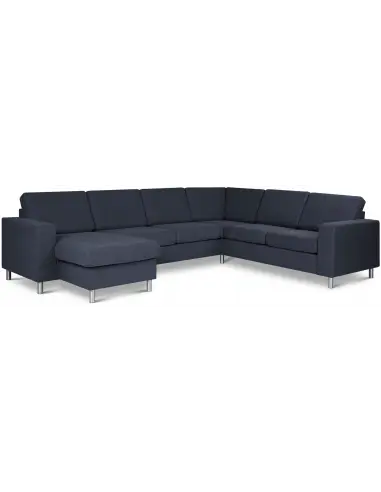 Panset hjørnesofa med chaiselong i polyester B295 x D230 cm - Børstet alugrå/Blå