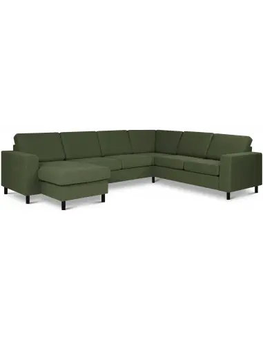 Panset hjørnesofa med chaiselong i polyester B295 x D230 cm - Sort/Mosgrøn