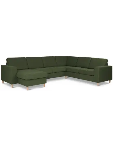 Panset hjørnesofa med chaiselong i polyester B295 x D230 cm - Natur/Mosgrøn