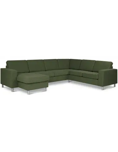 Panset hjørnesofa med chaiselong i polyester B295 x D230 cm - Børstet alugrå/Mosgrøn