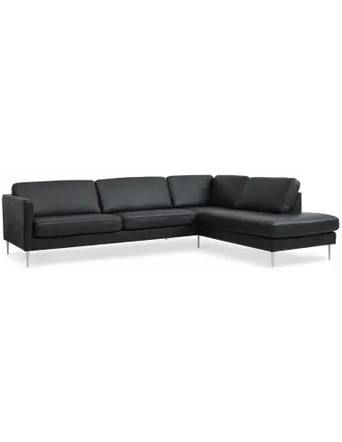 Askset højrevendt chaiselongsofa i semi-anilin læder B291 x D219 cm - Børstet alugrå/Sort