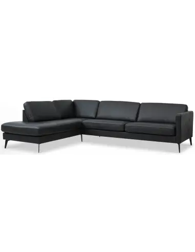 Askset venstrevendt chaiselongsofa i semi-anilin læder B291 x D219 cm - Sort/Sort