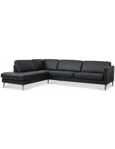 Askset venstrevendt chaiselongsofa i semi-anilin læder B291 x D219 cm - Natur/Sort