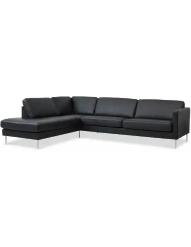 Askset venstrevendt chaiselongsofa i semi-anilin læder B291 x D219 cm - Børstet alugrå/Sort