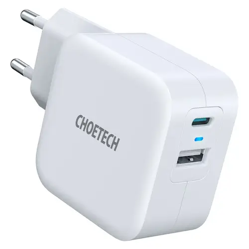 Choetech 38W USB-C PD og USB-A QC Vægoplader, Hvid