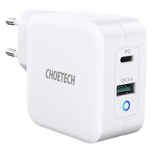 Choetech 65W GaN USB-C PD + USB-A QC 3.0 Vægoplader, Hvid