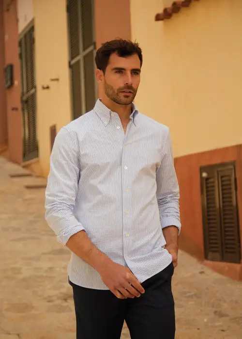 Seersucker Shirt, Brilliant Blue / White - Str: S - Cotton