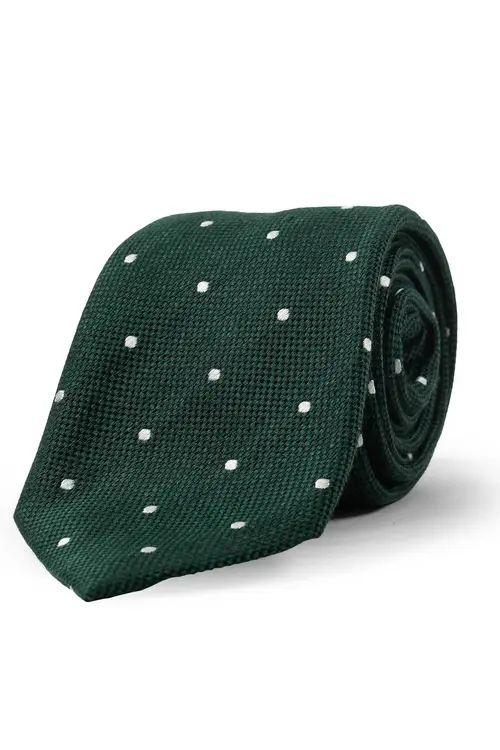 Green White Dots Silk Linen Tie