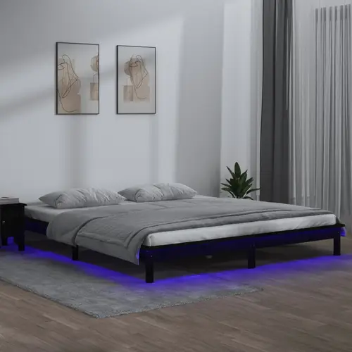 vidaXL sengeramme med LED 150x200 cm kingsize massivt træ sort