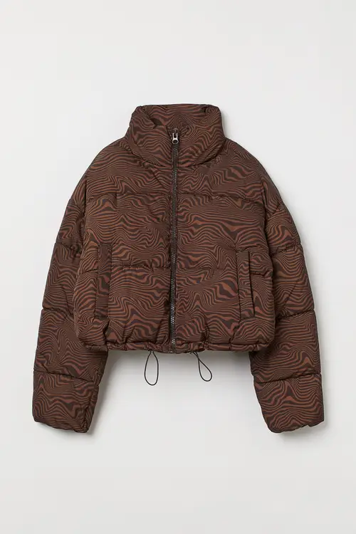 H&M Kort Puffer Mørkebrun/mønstret, Jakker. Farve: Dark brown/patterned I størrelse S