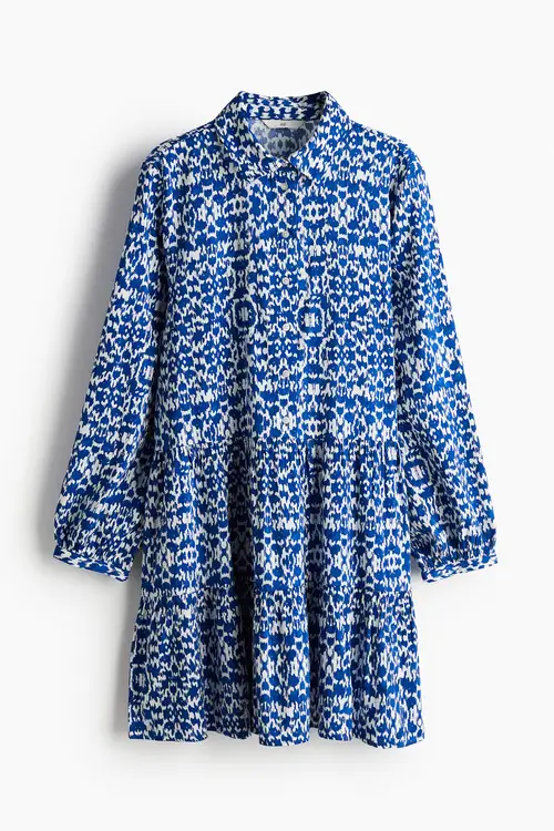 H&M Skjortekjole Med Rynkede Sømme Klar Blå/mønstret, Hverdagskjoler. Farve: Bright blue/patterned I størrelse S