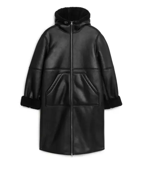 Arket Hooded Moleskin Coat Black, Frakker I størrelse M