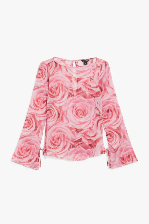 Monki Transparent Bluse Med Klokkeærmer Og Bådudskæring Pink Roser, Bluser. Farve: roses I størrelse 42