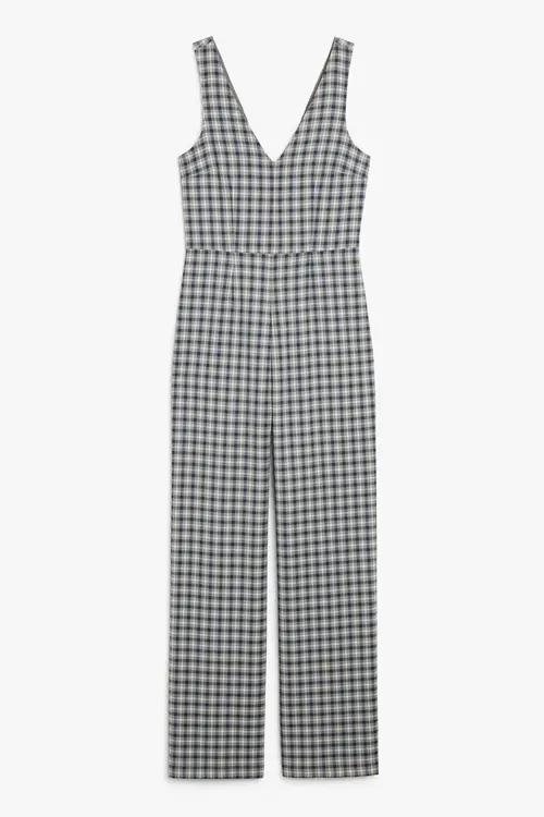 Monki Jumpsuit Med V-hals Grå Tern, Jumpsuits & Buksedragter. Farve: Grey checks I størrelse 50