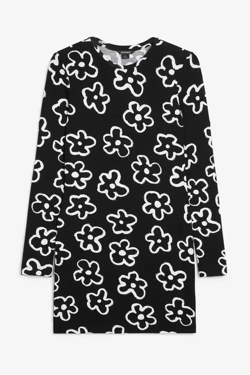 Monki Long Sleeved Jersey Mini Dress Black With White Flowers, Hverdagskjoler I størrelse L