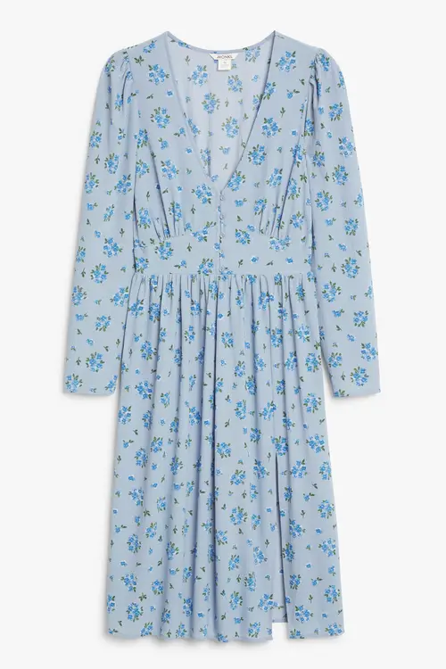 Monki Blå, Blomstret Midikjole Med V-hals Blåblomstret, Hverdagskjoler. Farve: Blue floral I størrelse 48