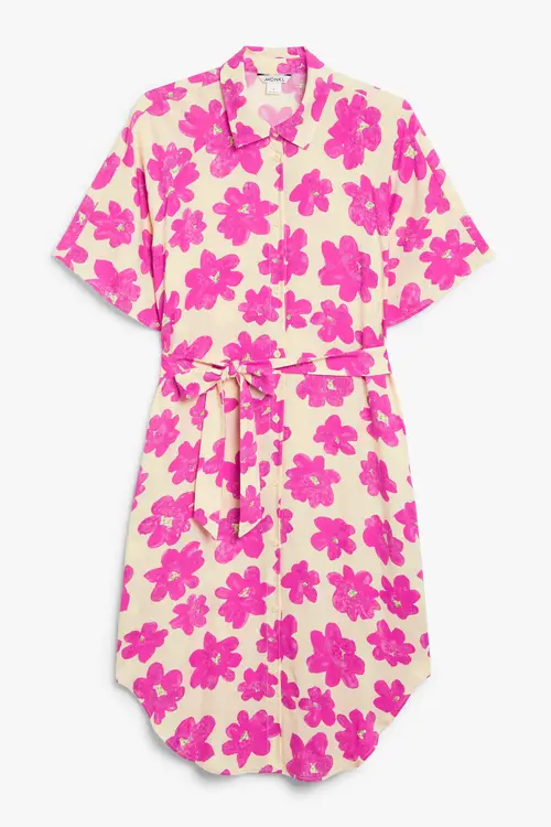 Monki Pink Blomstret Midi-skjortekjole Magenta Blomster, Hverdagskjoler. Farve: florals I størrelse XXS